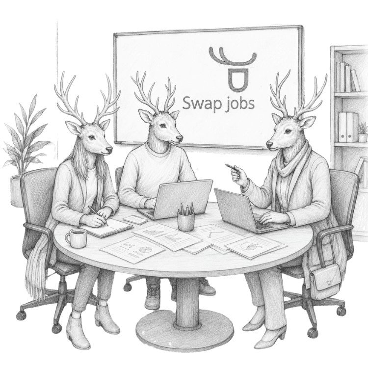 El equipo de Caribou, ilustrado como tres caribúes trabajando